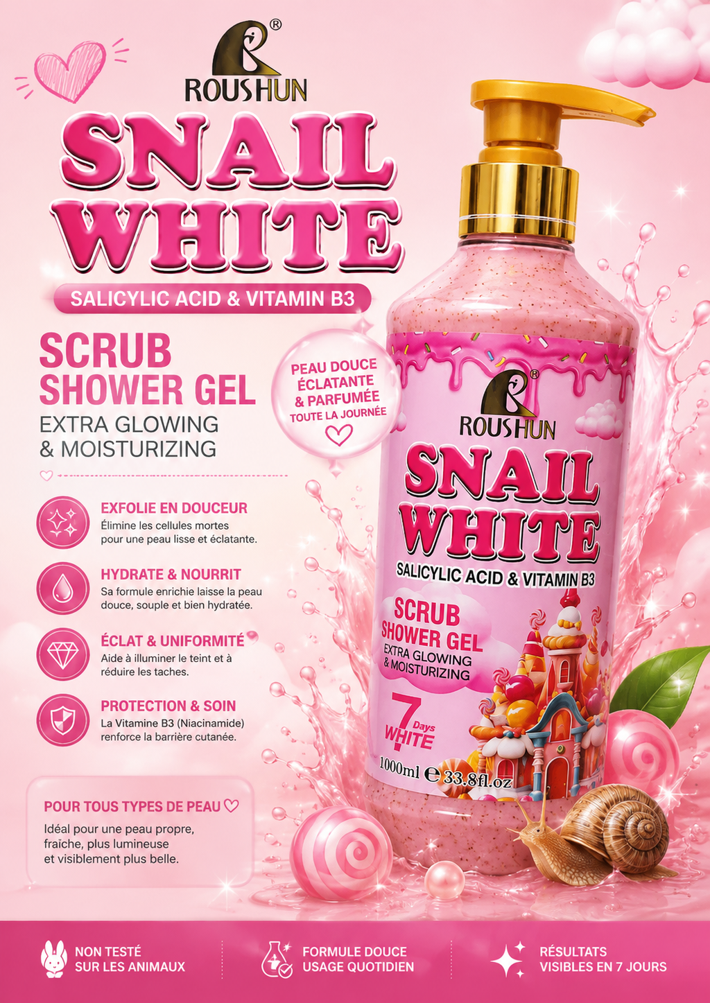 Roushun snail white-Gel douche Gommant 1000ml
