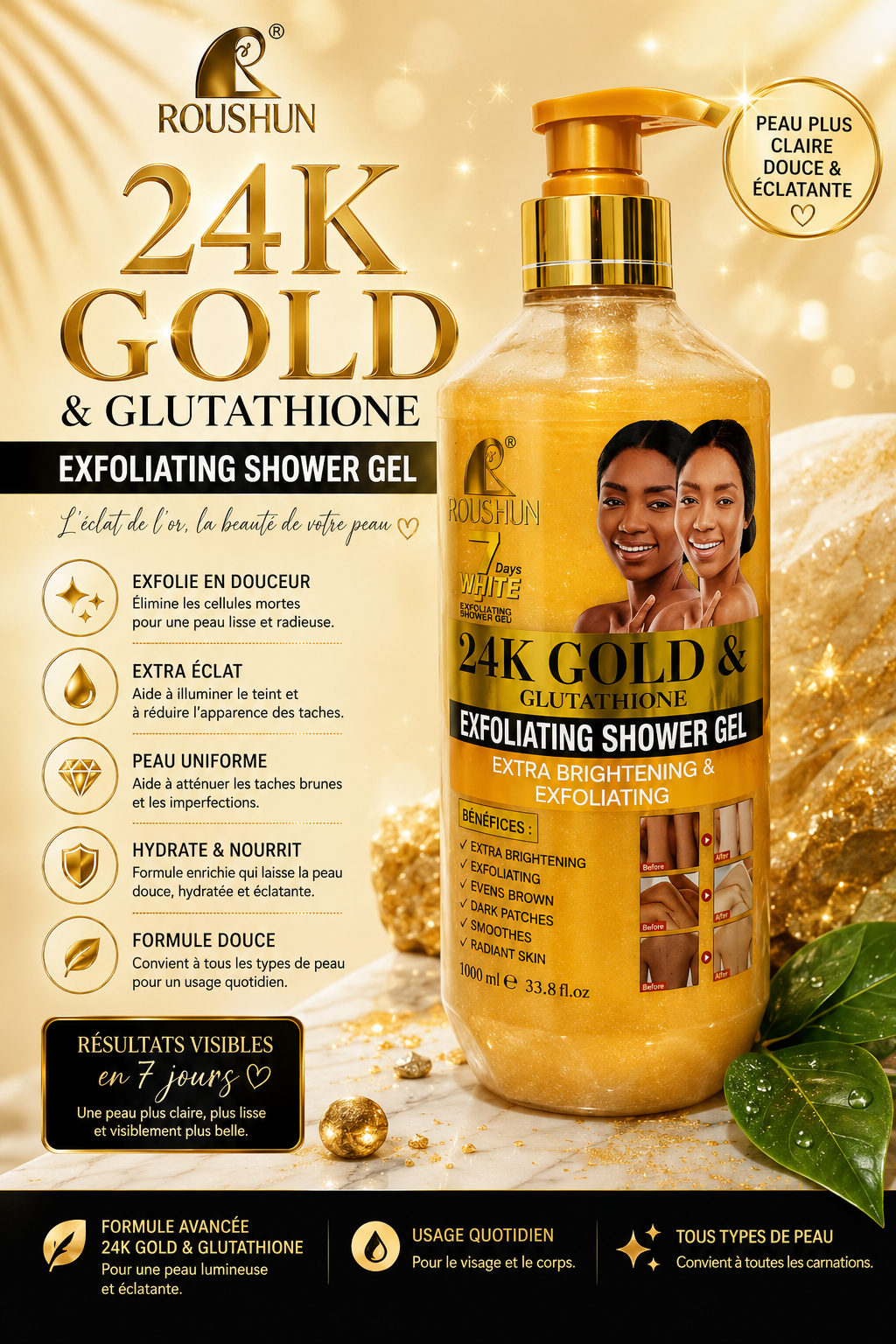 Roushun 24 Gold et glutathione Gel douche exfoliant