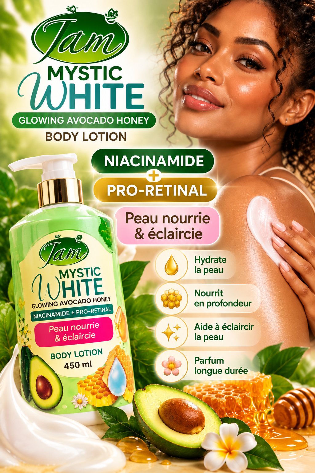 ✨ Jam Mystic White – Lotion Corps Avocat & Miel

Niacinami + Pro- Rétinal. 450 ml
