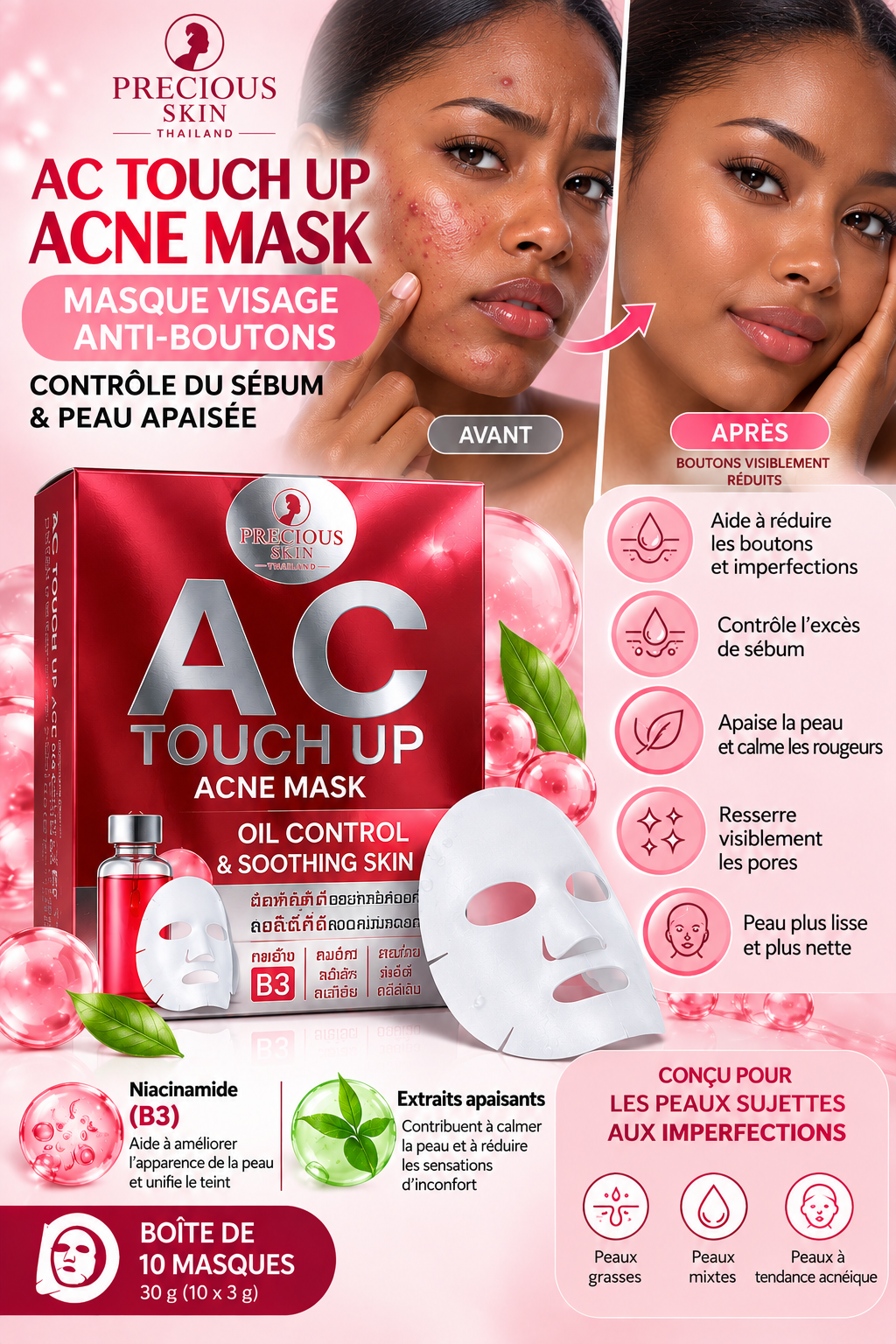 Precious Touch Up AC Acne Mask – Masque visage anti-boutons, contrôle du sébum – 10 masques