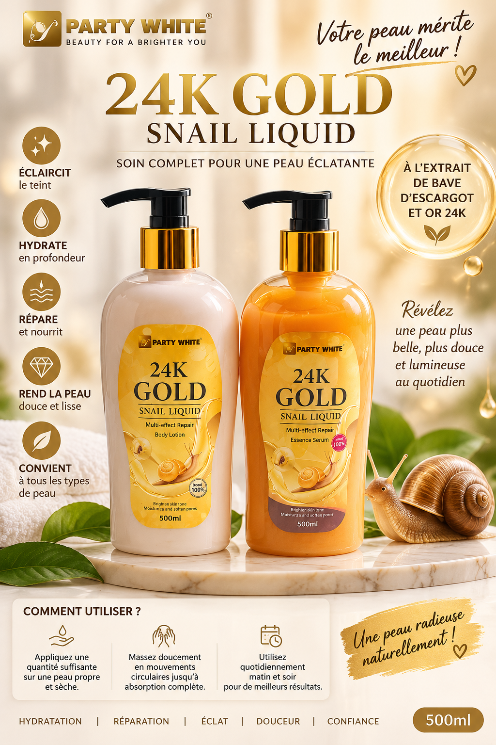 💛 PARTY WHITE 24K GOLD SNAIL LIQUID – Duo Éclat & Hydratation