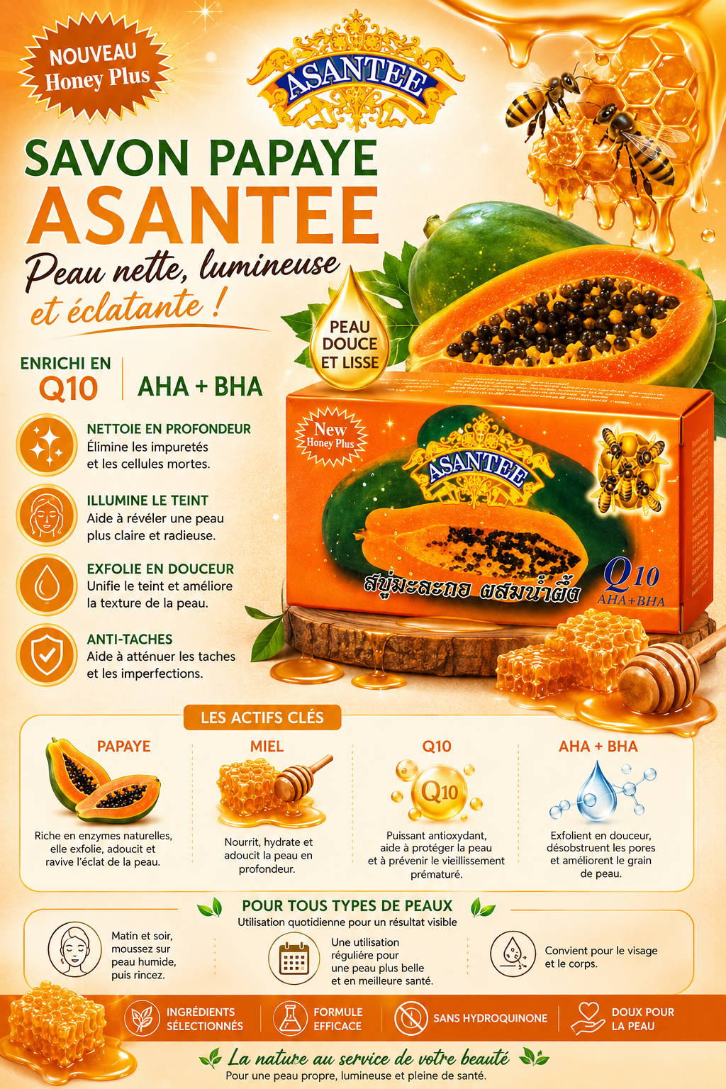 Savon papaye & Miel ASANTEE-Q10+Vitamine E