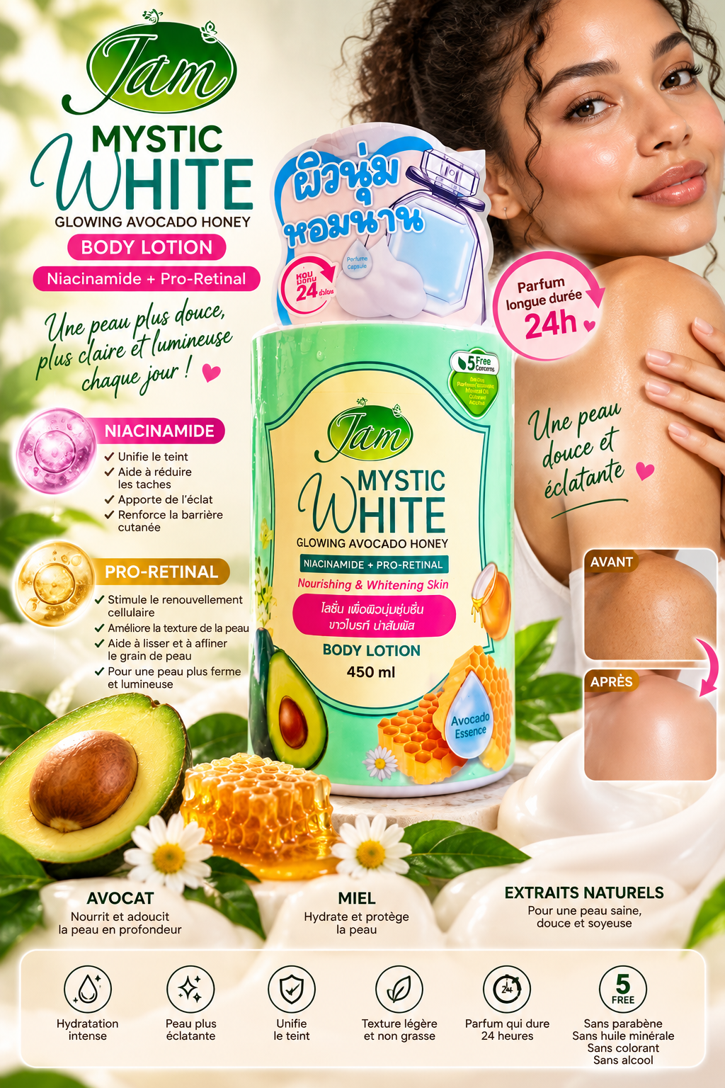 ✨ Jam Mystic White – Lotion Corps Avocat & Miel

Niacinami + Pro- Rétinal. 450 ml